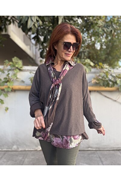 DenizEge Италианска риза с шал, плетен пуловер, кремав цвят