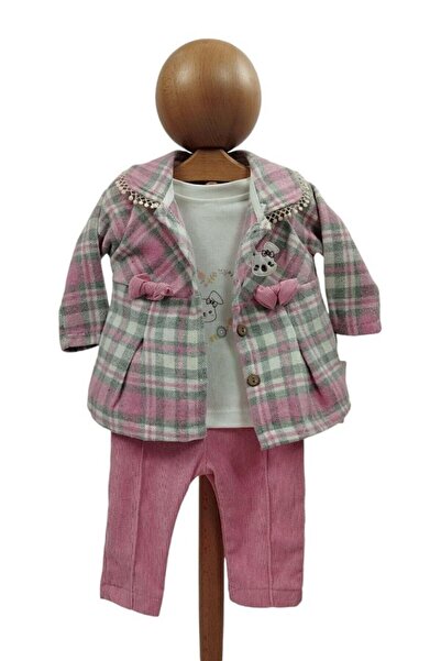 Dumledo Woolen Plaid Pink Jacket, Ribbed Pants, Sweatshirt 3-Piece Baby Girl ...