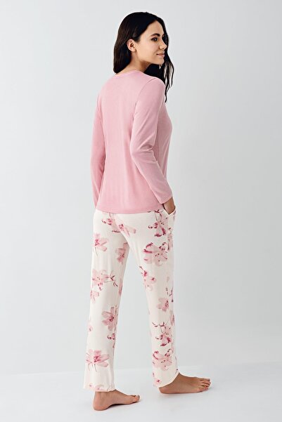 Pierre Cardin Paris Büyük Beden Kadın Gül Desenli Modal Pamuklu Düğmeli Uzun Kollu Pijama Takım