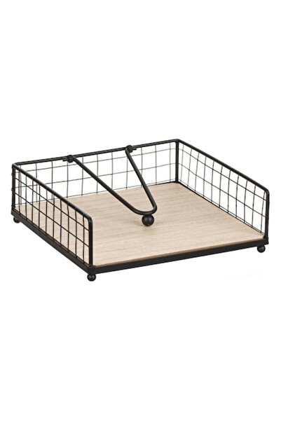 SHOPIENS Θήκη για χαρτοπετσέτες, μεταλλική με ξύλινη βάση, μαύρη, 17x17x5 εκ....