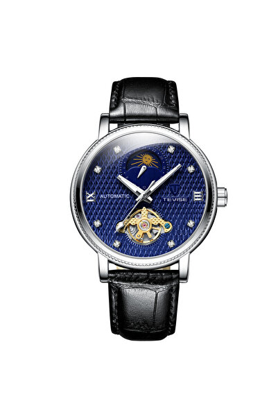 Tevise Ceas bărbătesc mecanic automat, negru, albastru, piele, elegant