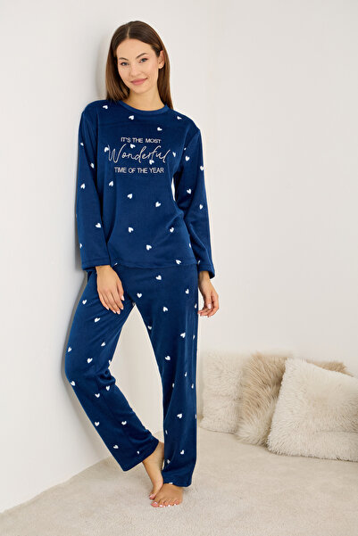 Siyah İnci Синьо-білий з вишивкою у вигляді сердечок Зимовий комплект піжами з вишивкою