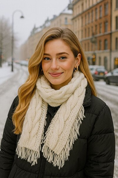 FELLMENS Ecru Wide Knitted Fringed Women's Scarf Shawl 30 X 180 cm