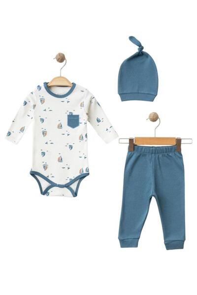Dumledo Sailor Themed Blue Bodysuit, Bottoms and Beret 3-Piece Baby Boy Bodys...