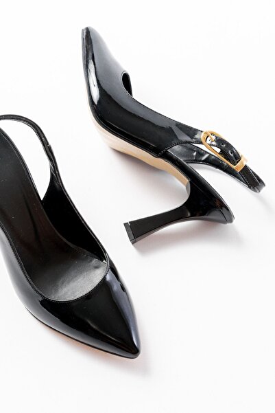 Budi 719 Black Patent Leather Pointed Toe Buckle Detailed Heeled Women's Shoes