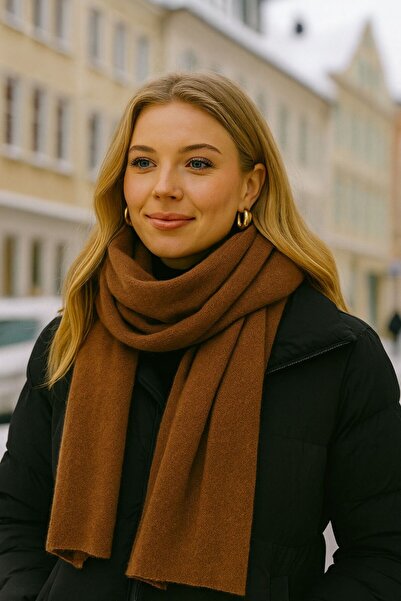 FELLMENS Tan Brown Stitched Brown Knitwear Shawl 43X220 cm