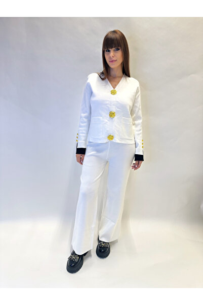 IFASTFASHION Elegant women's set with blouse and wide pants - gold details, loose fit, soft material