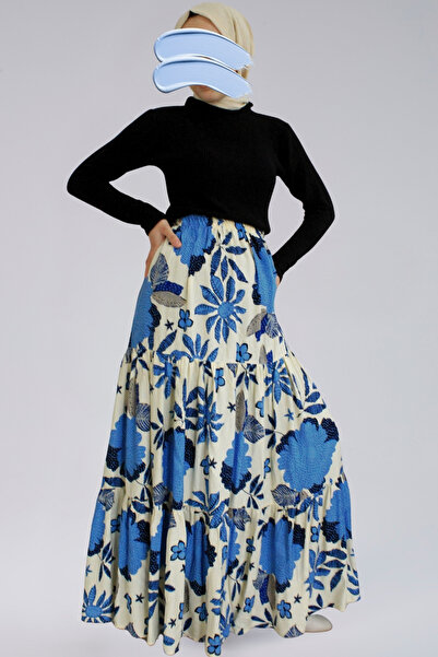 MAKSEN TEKSTİL Women's Long Skirt - Viscose Fabric Flower Patterned Women's Long Skirt
