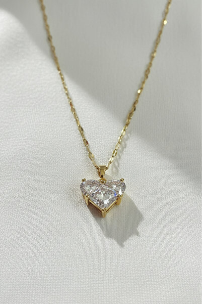 özgül takı ve tasarım Stainless Steel Gold Color Zircon Stone Heart Necklace