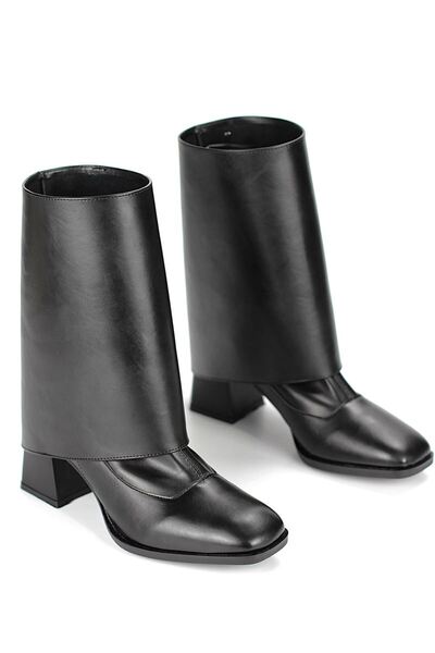 Gökhan Talay Lunelle Black Leather Flexible Soft Non-Slip Sole Square Heel (6cm) Stretch Boots