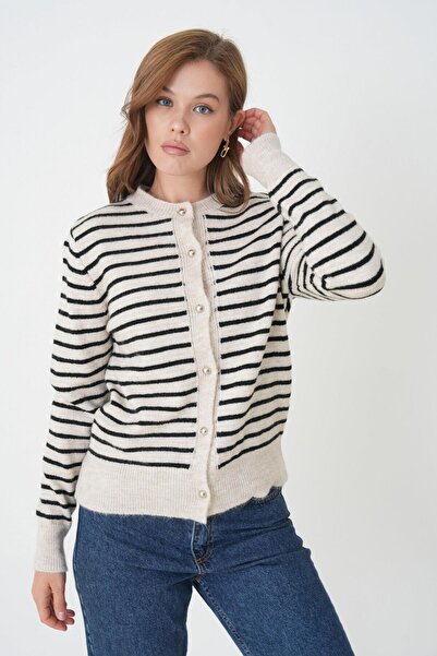 minaaise Women's Black Striped Knitwear Cardigan with Button Detail 30036