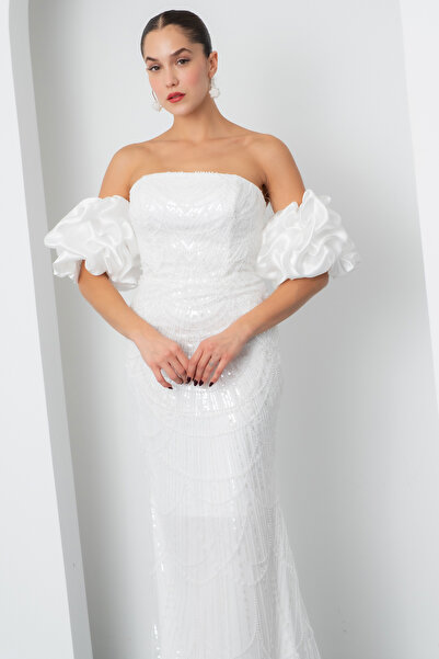 Lafaba Kadın Beyaz Kol Detay Boncuklu Uzun Abiye Elbise