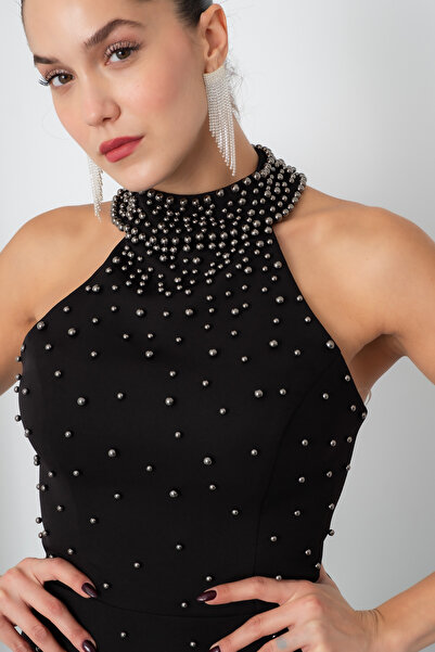 Lafaba Women's Black-Grey Halter Neck Pearls Promise Engagement Wedding Evening Dress