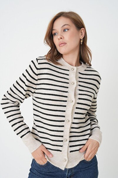 minaaise Women's Black Striped Knitwear Cardigan with Button Detail 30036
