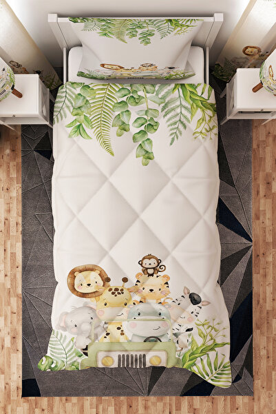 BelezaHome Yeşil Safari Temalı Desenli Tek Kişilik Çocuk Yorganı Uyku Seti
