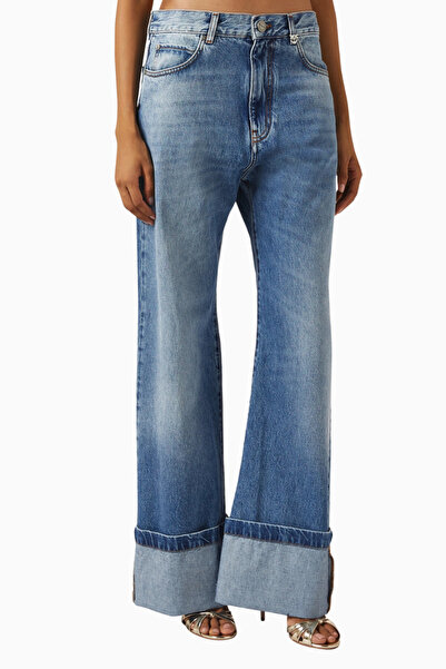 PİNKO Wanda Turn-Up Wide-Leg Jeans, Lüks Mavi Denim Pantolon Katlı Paça Detaylı