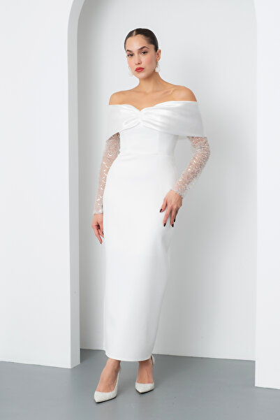 Lafaba Kadın Beyaz Kol Detaylı Fiyonklu Söz Nişan Nikah Abiye Elbise