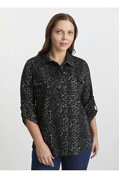 Selen Polo Yaka Leopar Desenli Gri Kadın Bluz 25KSL8225