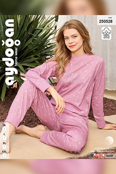 Aydoğan Women's Lavin Ribbed Cuffed Medium Pink Cotton Pajama Set 0528