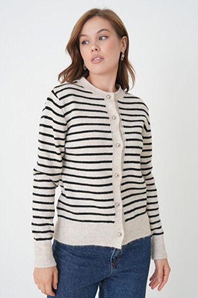 minaaise Women's Black Striped Knitwear Cardigan with Button Detail 30036