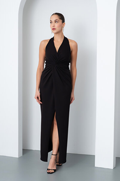 Lafaba Kadın Siyah Halter Yaka Düğüm Detaylı Uzun Elbise