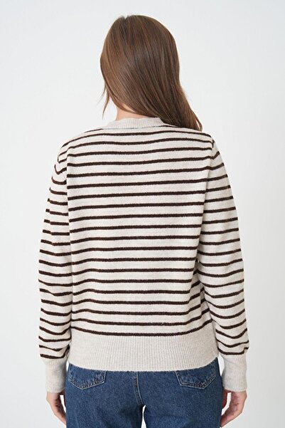 minaaise Women's Brown Striped Knitwear Cardigan with Button Detail 30036