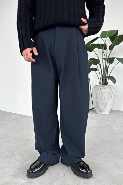 HAFKAGİYİM Navy Blue Striped Premium Fabric Pants with Elastic Waist