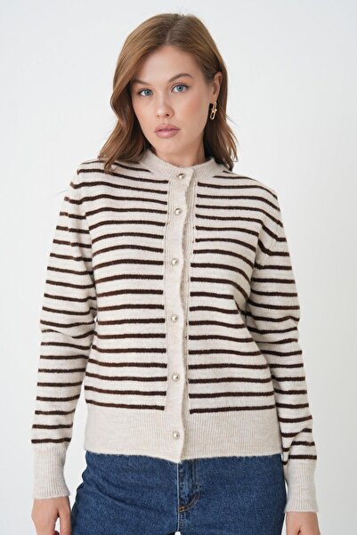 minaaise Women's Brown Striped Knitwear Cardigan with Button Detail 30036