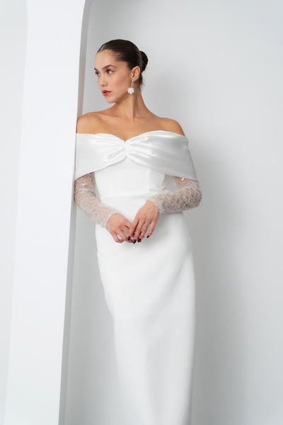 Lafaba Kadın Beyaz Kol Detaylı Fiyonklu Söz Nişan Nikah Abiye Elbise