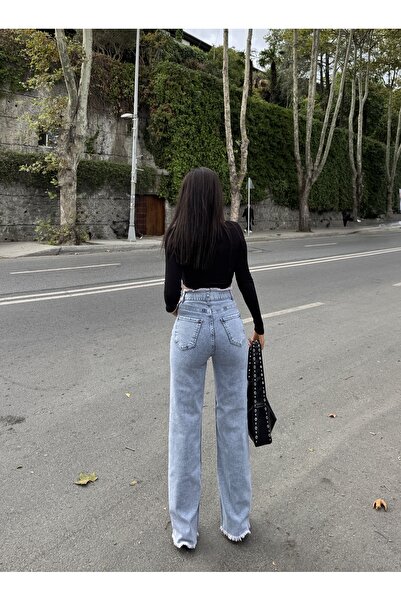 Swet Shop Jeans Жіночі сині джинси Палаццо з високою талією з ременем, талією з китицями на манжетах, манжети з китицями на талії