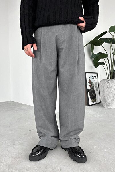 HAFKAGİYİM Gray Striped Premium Fabric Pants with Elastic Waist