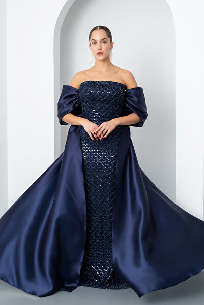 Lafaba Women's Navy Blue Strapless Beaded Satin Sweep Train Long Evening Dress