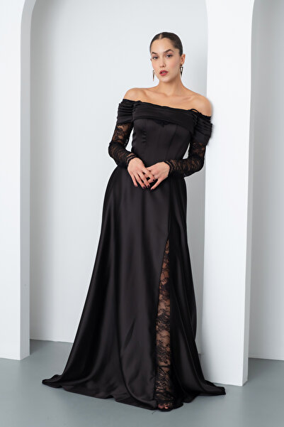 Lafaba Γυναικείο μαύρο δαντελένιο μακρύ σατέν βραδινό φόρεμα