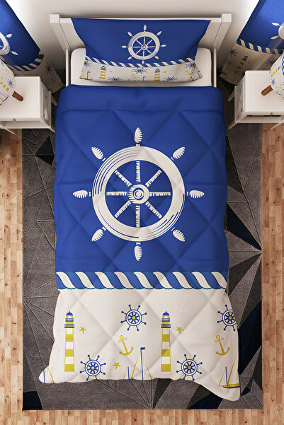 BelezaHome Mavi Beyaz Gemi Dümen Deniz Feneri Desenli Tek Kişilik Çocuk Yorga...