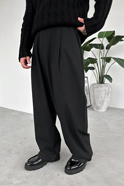 HAFKAGİYİM Siyah Çizgili Beli Lastikli Premium Kumaş Pantolon