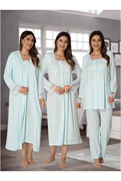 Lohusa Homewear طقم بيجامة نسائي للحوامل بتصميم فيروزي من الدانتيل والقطن (إي...