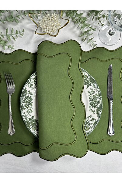 Table Alp Yeşil Kumaş Yeşil Nakışlı 8 Kişilik Amerikan Servis (35x48 cm) & 8 Adet Peçete (40x40 cm) Seti
