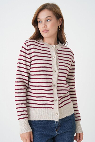 minaaise Women's Burgundy Striped Knitwear Cardigan with Button Detail 30036