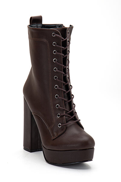 LİLLA Shoes Women's Platform Thick Heeled Brown Lace-Up Boots