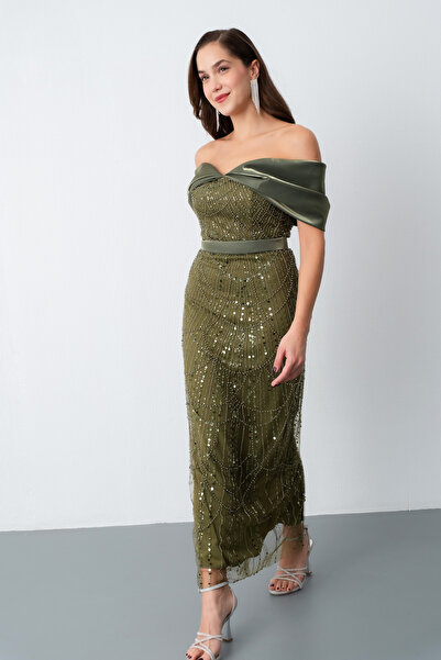 OFZE Kadın Haki Kayık Yaka Midi Boncuklu Abiye Elbise