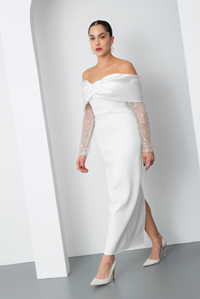 Lafaba Kadın Beyaz Kol Detaylı Fiyonklu Söz Nişan Nikah Abiye Elbise