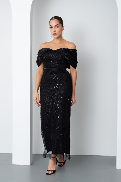 Lafaba Kadın Siyah Kayık Yaka Midi Boncuklu Abiye Elbise