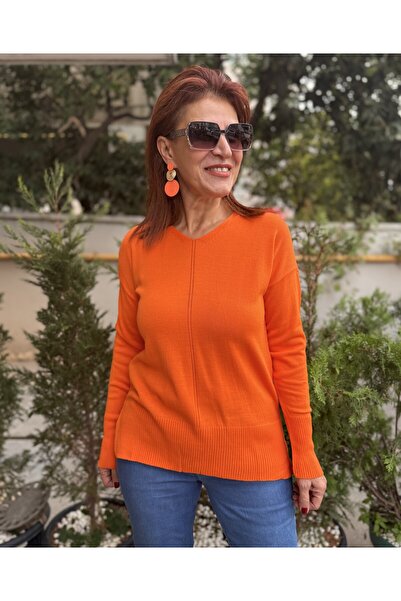 DenizEge Pulover cu dungi cu decolteu în V portocaliu