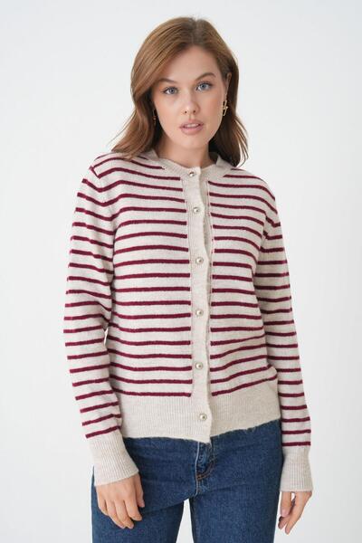 minaaise Women's Burgundy Striped Knitwear Cardigan with Button Detail 30036