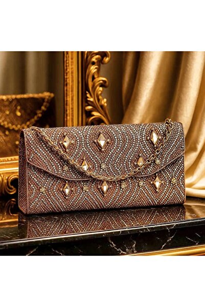 Luxiva حقيبة سهرة فاخرة بسلسلة من الأحجار الكريستالية باللون الوردي والذهبي