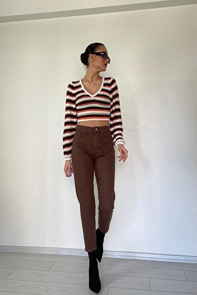 MAKRAS EXCLUSIVE A149268 Γυναικείο τζιν παντελόνι με ψηλή μέση, καφέ τζιν, τζιν με στενό πόδι