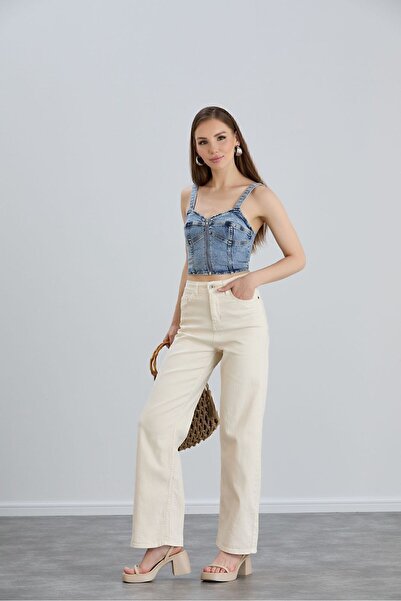 JAXEN Ns-10036 Women's High Waist Beige Palazzo Jean Pants Boyfriend Loose Wi...