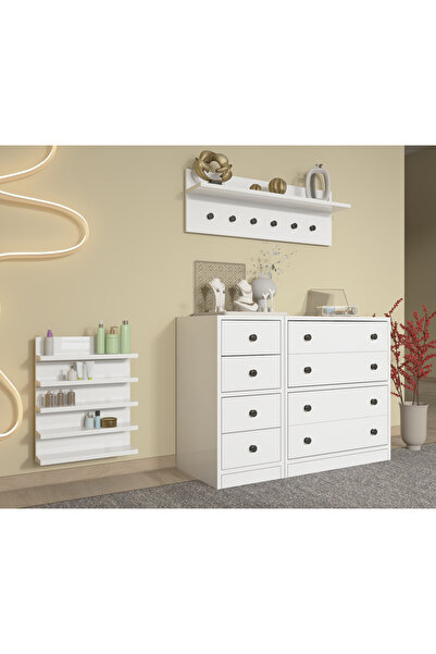 nettrends.net the new trend of shopping Modüler Takı & Aksesuar Düzenleme Seti – 8 Çekmeceli Blok + 6 Askılı Duvar Rafı Beyaz-PNR-TADLP-1001