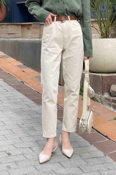 JAXEN NS-22547 Mom Jean Bej Crem talie înaltă Jeans Pantaloni de blugi cu picioare înguste