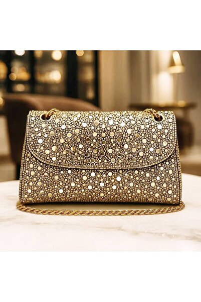 Luxiva Luxury Evening Dress Gold Crystal Stone Chain Strap Shoulder Bag